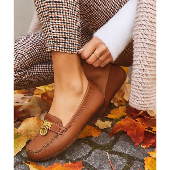 Michael Kors Hamilton Leather Brown British Tan Logo Driving Loafers Womens 6.5 - Picture 1 of 13